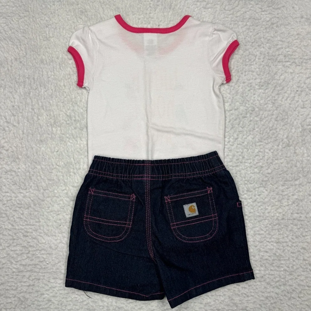 NOWT‎ Girl Size 12 Month Carhartt Denim Shorts and Shirt Set Logo Pink